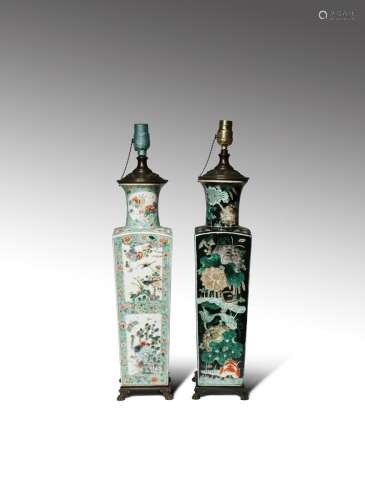 TWO CHINESE ENAMELLED SQUARE-SECTION VASES 19TH CENTURY One painted in the famille verte palette