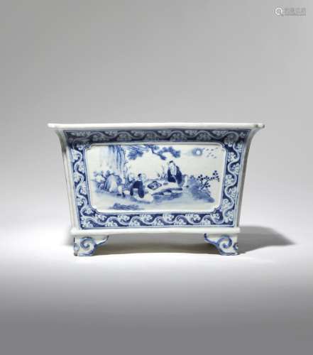 A CHINESE BLUE AND WHITE RECTANGULAR-SECTION JARDINIERE 19TH CENTURY Each facet painted with a panel