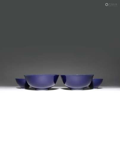 TWO PAIRS OF CHINESE BLUE GLAZED BOWLS SIX CHARACTER GUANGXU MARKS AND OF THE PERIOD 1875-1908