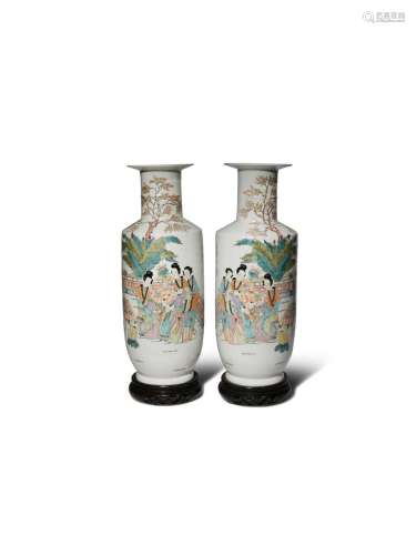 A PAIR OF CHINESE ENAMELLED ROULEAU VASES 20TH CENTURY Each painted with ladies and boys on a