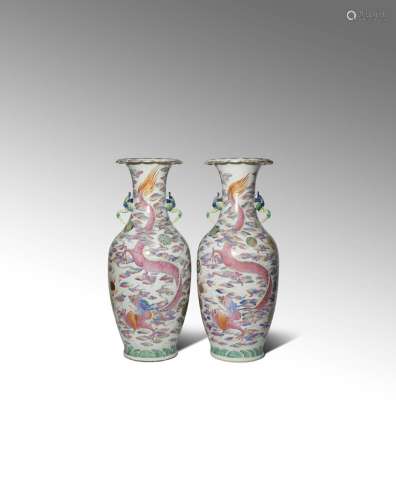 A PAIR OF LARGE CHINESE CANTON FAMILLE ROSE 'DRAGON' VASES 19TH CENTURY Brightly painted in