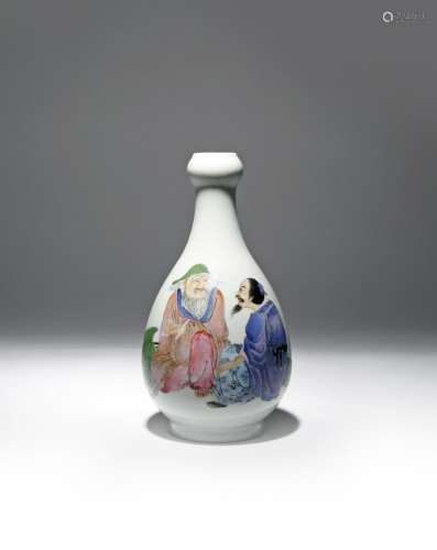 A CHINESE FAMILLE ROSE GARLIC-MOUTH VASE 20TH CENTURY The pear-shaped body painted with two