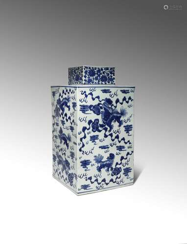 A LARGE CHINESE BLUE AND WHITE 'LION DOGS' TEA CANISTER AND COVER 19TH CENTURY The square-section