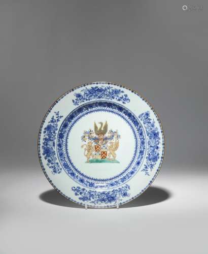 A CHINESE ARMORIAL DISH C.1740 Painted to the centre in enamels and gilt with the Dutch arms of