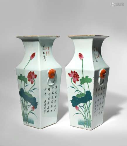 A PAIR OF CHINESE FAMILLE ROSE SQUARE-SECTION 'LOTUS' VASES 19TH CENTURY Each brightly painted