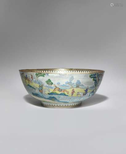 A CHINESE FAMILLE ROSE 'HUNTING SCENE' BOWL 18TH CENTURY Painted with two large panels enclosing