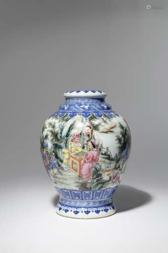 A CHINESE FAMILLE ROSE OVOID VASE 20TH CENTURY Painted with figures playing instruments, go and