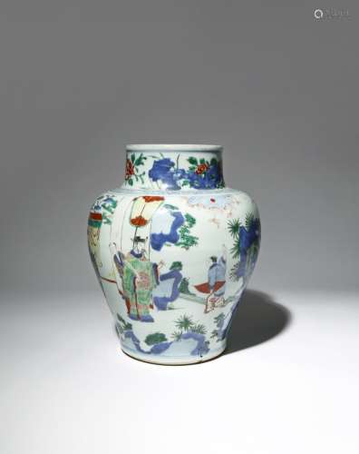 A CHINESE WUCAI BALUSTER VASE TRANSITIONAL C.1640 Painted to the exterior with a scene of