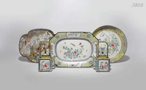 A SMALL GROUP OF CHINESE FAMILLE ROSE CANTON ENAMEL ITEMS 18TH AND 19TH CENTURY Comprising: a pair