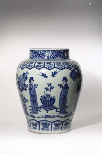 A LARGE CHINESE BLUE AND WHITE BALUSTER VASE KANGXI 1662-1722 Painted with ladies holding flowers