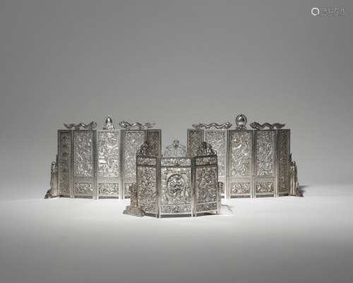THREE CHINESE MINIATURE SILVER SCREENS LATE 19TH AND EARLY 20TH CENTURY The two larger screens a