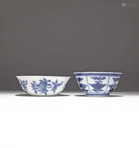 TWO SMALL CHINESE BLUE AND WHITE BOWLS 18TH CENTURY One painted with branches of fruiting peaches