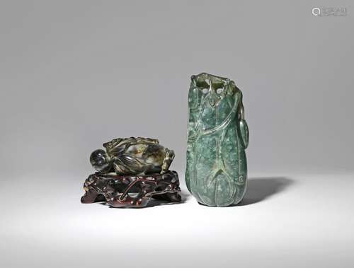 TWO CHINESE STONE CARVINGS QING DYNASTY One a brush washer carved in a celadon and black stone,