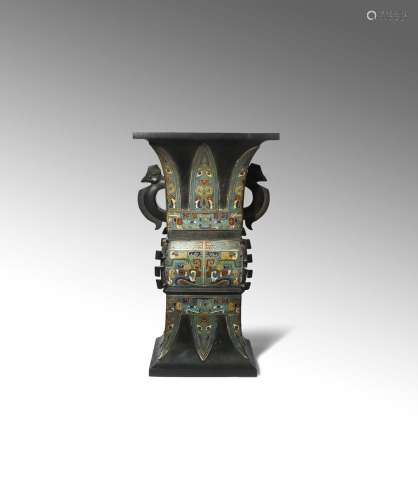 A CHINESE ENAMELLED BRONZE SQUARE-SECTION VASE, FANGGU LATE QING DYNASTY Decorated with bands and