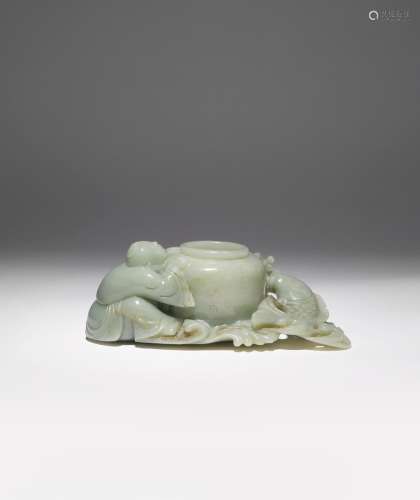 A CHINESE CELADON JADE BRUSH WASHER QING DYNASTY The beehive-shaped pot surrounded by a crouching