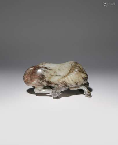 A LARGE CHINESE BROWN AND WHITE JADE CARVING OF A HORSE QING DYNASTY OR LATER The horse depicted