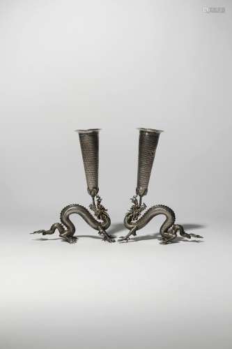 A PAIR OF CHINESE SILVER 'DRAGON' VASES 19TH CENTURY Each formed as a crouching scaly dragon