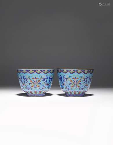 A PAIR OF CHINESE ENAMEL 'LOTUS' BOWLS 18TH/19TH CENTURY Each decorated to the exterior with