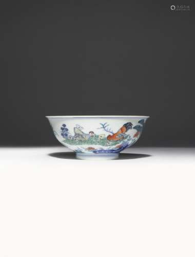A CHINESE DOUCAI 'CHICKEN' BOWL QING DYNASTY Rising from a short straight foot to an everted rim,