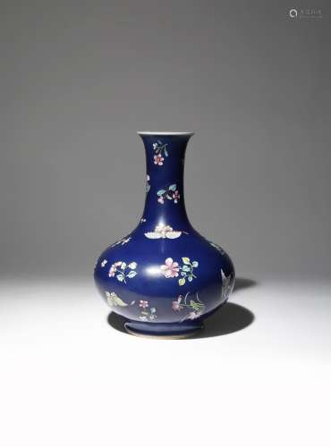 A CHINESE FAMILLE ROSE BLUE-GROUND VASE SIX CHARACTER QIANLONG MARK AND LATE IN THE PERIOD 1736-95