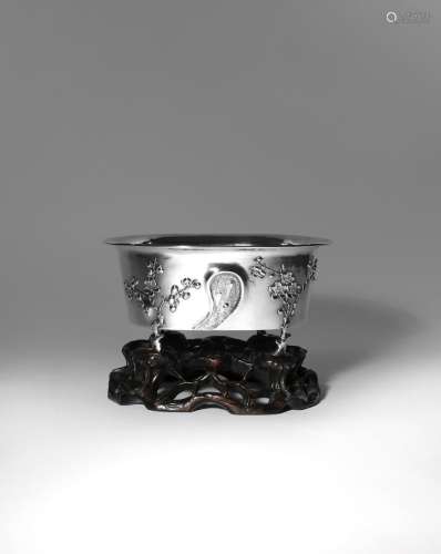 A CHINESE SILVER 'PRUNUS' BOWL 2ND HALF 19TH CENTURY Decorated with four blossoming prunus trees,