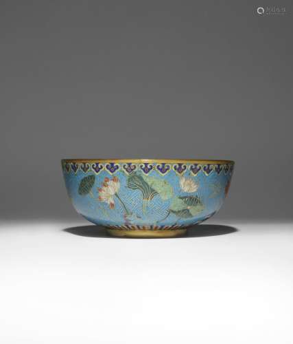 A CHINESE CLOISONNE 'FOUR SEASONS' BOWL QING DYNASTY Decorated with sprays of lotus, peony, prunus
