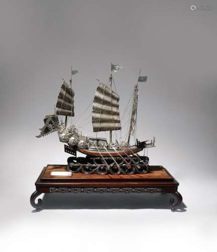 A CHINESE SILVER MODEL OF A WAR JUNK REPUBLIC PERIOD The ship finely detailed with figures and