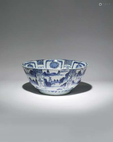 A LARGE CHINESE BLUE AND WHITE KRAAK PORCELAIN 'LANDSCAPE' BOWL WANLI 1573-1620 The deep body