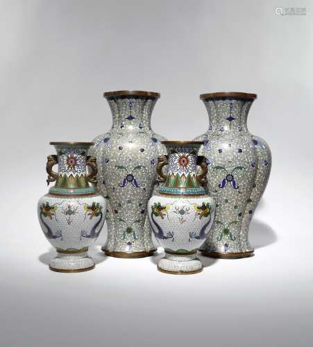 TWO PAIRS OF CHINESE CLOISONNE VASES 19TH/20TH CENTURY The larger pair of quatrelobed baluster form,