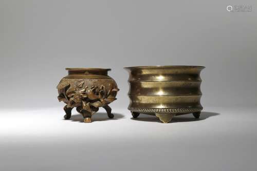 A CHINESE BRONZE TRIPOD INCENSE BURNER QING DYNASTY The cylindrical body cast with three concave