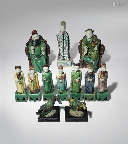 TEN CHINESE PORCELAIN FIGURES OF IMMORTALS AND TWO MODELS OF HORSES 18TH CENTURY AND LATER