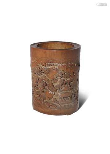 A CHINESE BAMBOO 'RED CLIFF' BRUSHPOT, BITONG 18TH/19TH CENTURY Of cylindrical form, carved to one