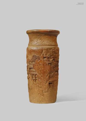A CHINESE BAMBOO 'LANDSCAPE' VASE PROBABLY LATE QING DYNASTY The cylindrical body carved in