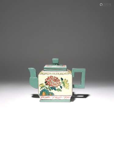 A CHINESE YIXING ENAMELLED SQUARE-SECTION TEAPOT AND COVER REPUBLIC PERIOD Two facets decorated with