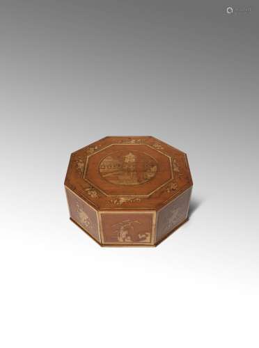 A CHINESE BAMBOO VENEER OCTAGONAL-SECTION BOX AND COVER QING DYNASTY OR LATER The cover with a