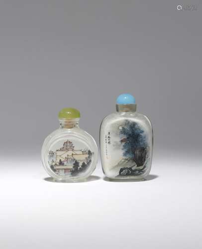 TWO CHINESE INTERIOR-PAINTED GLASS SNUFF BOTTLES 20TH CENTURY One painted with the Tower of Buddhist