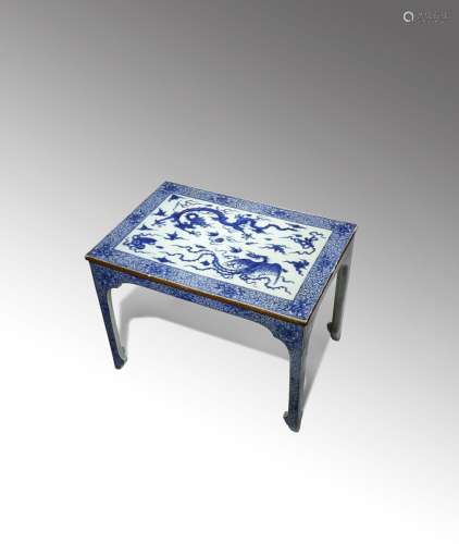 A BLUE AND WHITE 'DRAGON AND PHOENIX' MINIATURE TABLE 19TH CENTURY The rectangular top painted
