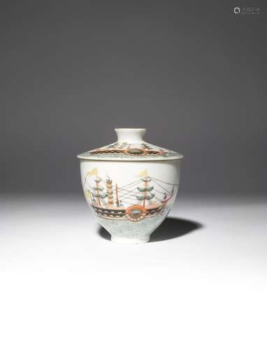 A CHINESE ENAMELLED 'STEAMSHIP' BOWL AND COVER 19TH CENTURY Painted with three figures rowing a boat