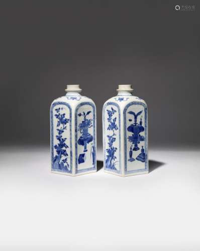 A PAIR OF CHINESE BLUE AND WHITE SQUARE-SECTION FLASKS KANGXI 1662-1722 Each painted with