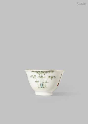 A SMALL CHINESE ENAMELLED TEA BOWL LATE QING DYNASTY With a deep conical body painted with bamboo