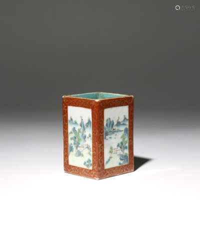 A SMALL CHINESE FAMILLE ROSE SQUARE-SECTION BRUSHPOT, BITONG C.1800 Painted to each side with a