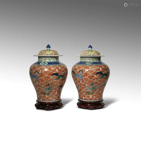 A PAIR OF CHINESE WUCAI BALUSTER VASES AND COVERS LATE 19TH CENTURY Decorated with various animals