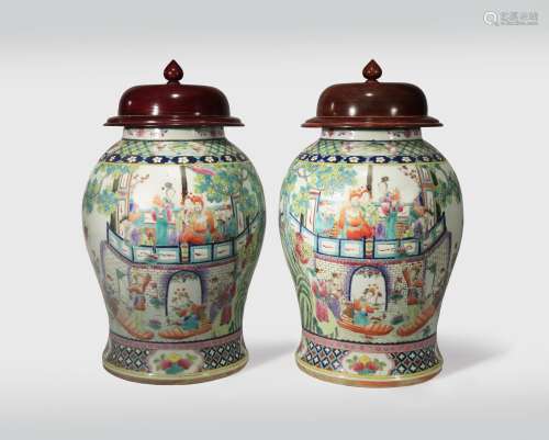 A PAIR OF CHINESE FAMILLE ROSE BALUSTER VASES 19TH CENTURY Each brightly painted with an official