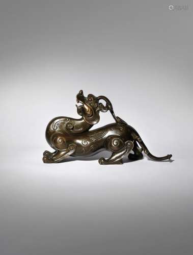 A CHINESE BRONZE MODEL OF A TIANLU QING DYNASTY The mythical beast depicted crouching with its