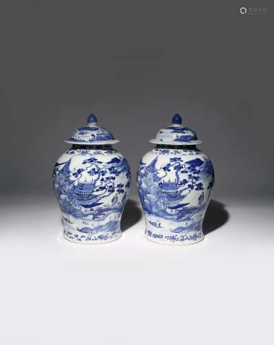 A PAIR OF CHINESE BLUE AND WHITE BALUSTER VASES AND COVERS 19TH CENTURY Painted with figures in a