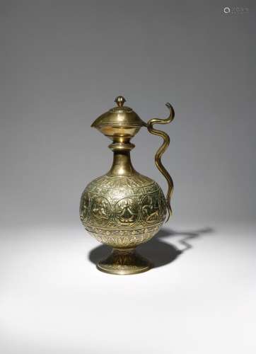 AN INDIAN BRASS EWER 19TH CENTURY Cast with a band of roundels enclosing gods and goddesses, the