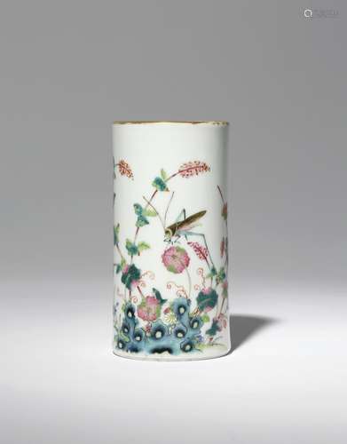 A CHINESE FAMILLE ROSE CYLINDRICAL BRUSHPOT, BITONG QING DYNASTY The exterior finely painted with