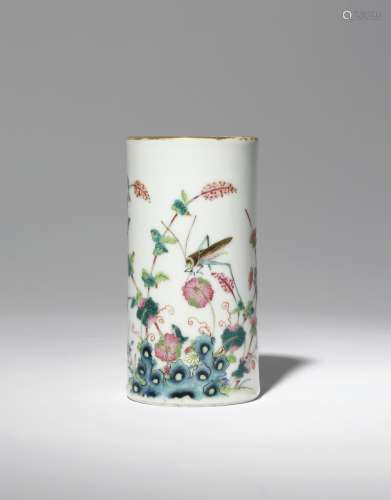 A CHINESE FAMILLE ROSE CYLINDRICAL BRUSHPOT, BITONG QING DYNASTY The exterior finely painted with