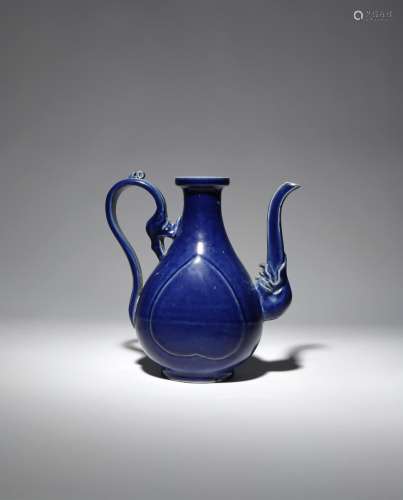 A CHINESE YUAN-STYLE BLUE GLAZED EWER PROBABLY QING DYNASTY The pear-shaped body moulded with two