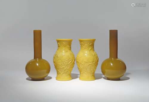 TWO PAIRS OF CHINESE BEIJING YELLOW GLASS VASES 19TH CENTURY Two a pair of bottle vases with four